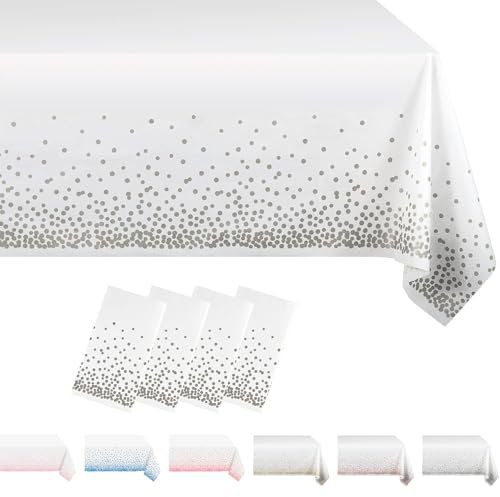 MORAINJAY 4 Stück Weiß und Silberpulver Party Rechteckig Tischdecke, 137x274cm Dot Confetti Wasserdicht Fleckschutz Tischdecken für Geburtstagsfeier, Hochzeit, Weihnachten, Kindergeburtstag, Cocktail