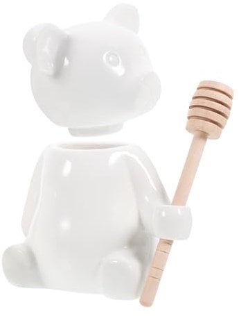 CIYODO 1set Bear-shaped Ceramic Honey Pot Wooden Dipper Elegant Storage Container for Honey Jams and More Kitchen Decor Lovers