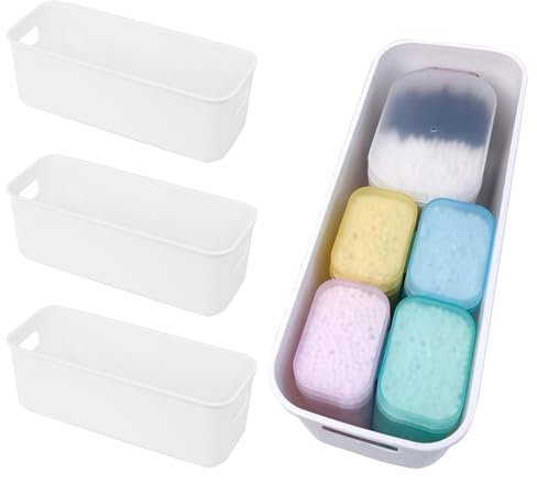 COZHYESS 4 PCS White Plastic Storage Boxes, with Handle Storage Baskets,Bathroom Storage Baskets, Small Storage Box, for Shelves, Kitchen, Office, Fridge, Bathroom and Home(10.23×3.54×3.34 Inch)