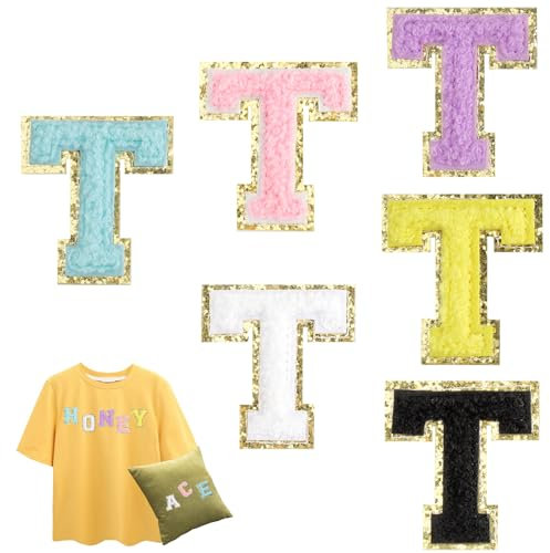 DAJISI 6PCS Chenille Letter Patches, Iron On 3D Chenille Letter Patches Stick with Gold Sequins for Clothes Hat Backpacks Phone (T)