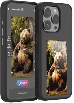 KSOPUERT verbesserte 4-Farben-Smart-E-Ink-Bildschirm-Handyhülle für iPhone 14 Pro, unterstützt NFC-Übertragung von Bildern/Foto/Notizen/Text auf die Handyhülle, Schwarz