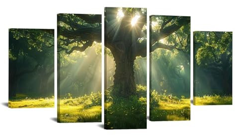 JOSUE 5 pezzi Quadri Foresta Soggiorno Albero della Vita Quadro Stampa Su Tela,Verde, oro Quadretti Parete Moderni Decorazioni Soggiorno Camera Da Letto-80x150cm Incorniciato