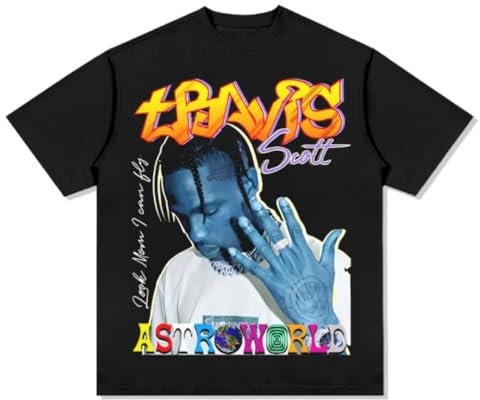 T-Travis-Scott T-shirt imprimé hip-hop à manches courtes pour homme et femme ample décontracté col rond en coton Tops-D, Noir , S/XXL