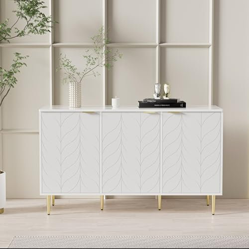 ModernLuxe Sideboard Storage Cabinet with 3 Doors, Living Room Cabinets with Gilded Legs and Handles, Lacquered, 2 Layers, 6 Compartments, Elegant Sideboards for Living Room, White, 127x45x75cm