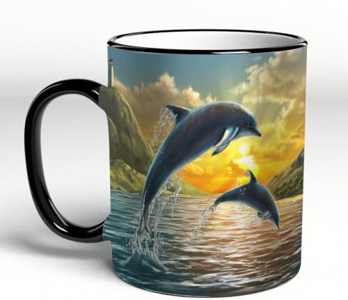 YOIUE Tazze Originali di caffè e Colazione Tazze - stampata Ceramica 11 once di tazze 330 ml Decora la tua tazza regalo,Due delfini che saltano fuori dal mare sopra uno splendido tramonto. Dipinto di