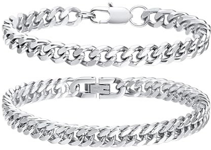 2 Stück Armband Herren Edelstahl,Armbänder Panzerkette,Bracelet Men Silber,Armkette,Schwer Glieder Cuban Herrenarmbänder Jungs,Handketten,Armreif Hip Hop Rapper Modeschmuck Geschenke für Männer Jungen