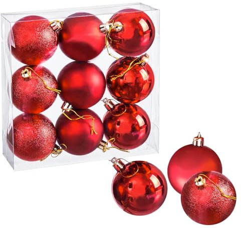 Xcdhemde 9tlg Große Weihnachtskugeln Ø 6CM, Rote Christbaumkugeln, aus Bruchsicher Mehrweg Kunststoff, Weihnachtsdeko mit Kugeln & Aufhängeband, Weihnachtsbaumkugeln für Drinnen & Draußen