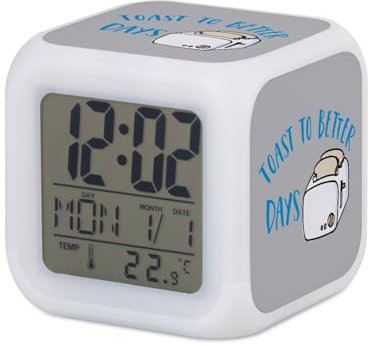 Fabulous Toast to Better Days Pun Food Breakfast Toast Morning Cube Alarm Clock - 8 x 8 x 8 cm - Multi-Coloured LED Lighting
