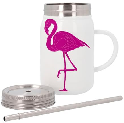 Mug Isotherme en Inox avec Couvercle et Paille - Flamant Rose Dessin - 500 ml - Tasse Thermo