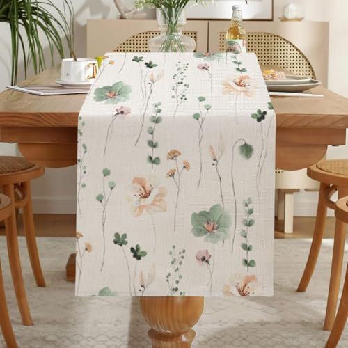LOZULO Modern Salbeigrün Pflanzen Blumen Frühling Tischläufer,Sommer Saisonnal Küche Tisch Dekoration Drinnen Urlaub Party Dekor,Table Runner Outdoor Abdichtung Table Runner 40x180 cm