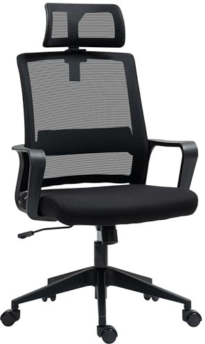 HOMCOM Bürostuhl Ergonomischer Schreibtischstuhl mit Armlehne, Verstellbar Kopfstütze, Höhenverstellbarer Mesh Drehstuhl mit Wippfunktion, Schwarz