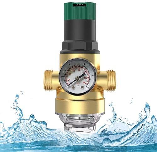 Druckminderer Wasser mit Manometer und Siebfilter, Druckregler für Trinkwasser, Messing Druckregler Überdruckventil Einstellbare Wasserdruckminderer Boiler (1 Zoll bis ½ Zoll Anschluss)