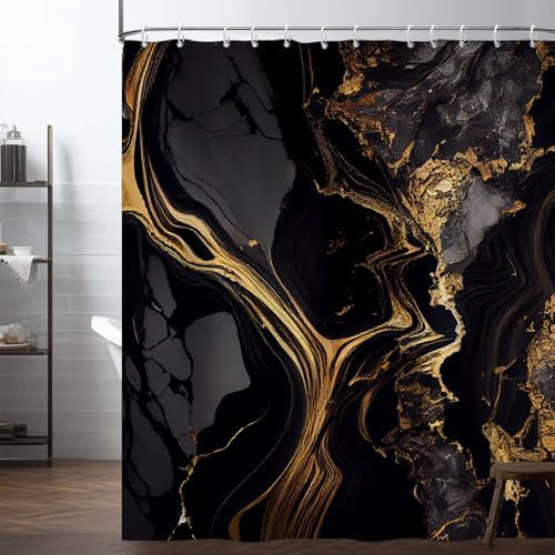 Ttincceer Rideau de Douche en marbre Noir 180x180cm Abstrait de Luxe Or Texture Or Rideau de Salle de Bain Moderne esthétique Salle de Bain Art Rideau décoratif Rideau de Baignoire étanche