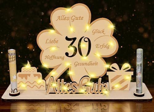 30 Geldgeschenke Geburtstag für Männer Frauen,LED Kleeblatt Glück 30. Geburtstag Geschenke Frau Mann,30 Geburtstag Geldgeschenke Verpackung für Männer Frauen,Holz Gästebuch Personalisierbare Tischdeko