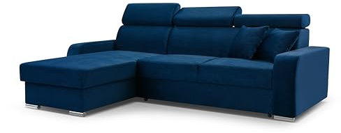 FurniShop24 Ecksofa mit Schlaffunktion und Bettkasten - Schlafsofa L Form 236x165 cm mit verstellbaren Kopfstützen und dekorative Kissen, Eckcouch Focus Dunkelblau