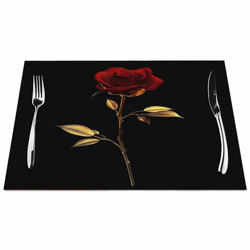 Walmsco Placemats Red Rose Gold Black Background Decor For Dining Room Kitchen Table,Waterproof Non-Slip Washable Heat Resistant Placemats,Set of 4,12x18