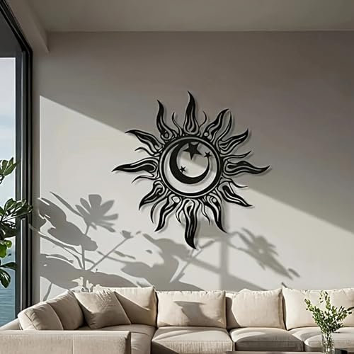 AADDFDD Wanddekoration mit Sonne und Mond, verrückte Sonnen-Metallkunst, Mondkunst-Wanddekoration himmlische Wandkunst, Sternenhimmel Wandkunst für Zuhause Wohnzimmer und Schlafzimmer Black
