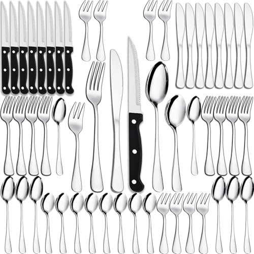 Set de couverts PionStar 48 pièces en acier inoxydable avec couteau a steak pour 8 personnes - Comprend couteaux, fourchettes, cuillères, petite cuillère, fourchettes à dessert et couteaux à steak