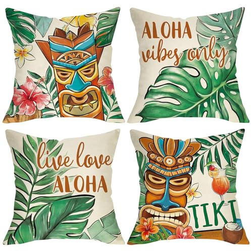 Tiki-Barzubehör – Set mit 4 dekorativen Tikis-Stangen-Kissen (nicht im | 45 x 45 cm tropisches Strandhütten-Accessoire, Vintage-Grunge-Hawaii-Hütten-Dekoration, Kissen im hawaiianischen Stil für