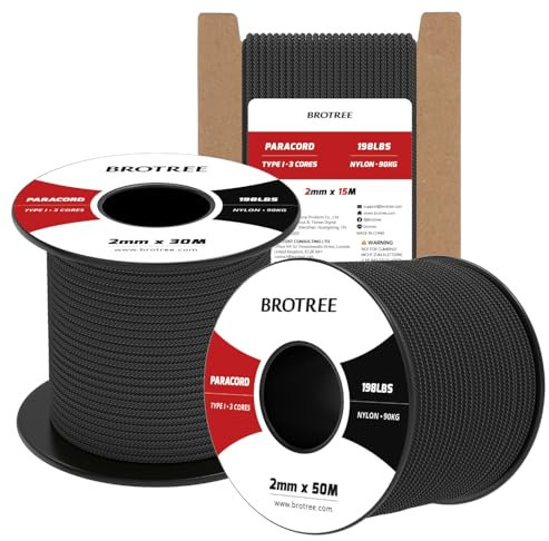 Brotree 2mm Paracord 3 Fili 15M 100% Nylon Corda da Paracadute per All'aperto, Artigianato, Fatto a Mano - 90kg Carico di Rottura (Nero)