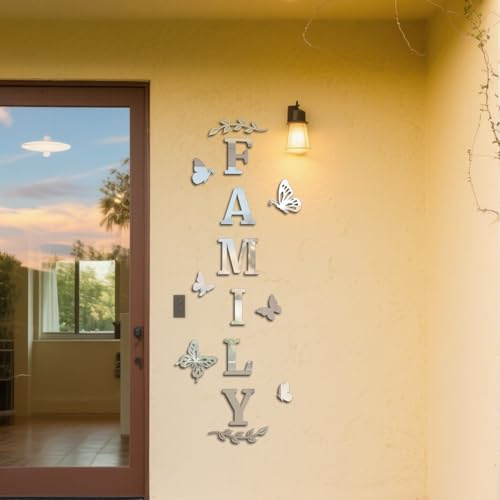GLOBLELAND Silver Family Letter Sign Acrylic Mirror Wall Stickers for Living Room 61.02x23.62 in 2.8 mm Thick Butterfly Vines Self-Adhesive Wall Decor Decals for Bedroom Kitchen Decorations