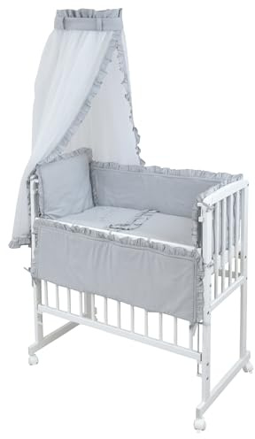 Generisch Baby Delux Beistellbett Babybett Stubenwagen weiß 90x40 mobil mit Rädern inkl. Matratze und Bettwäsche Set mehrteilig (Royal Grau Rüsche Stickerei)