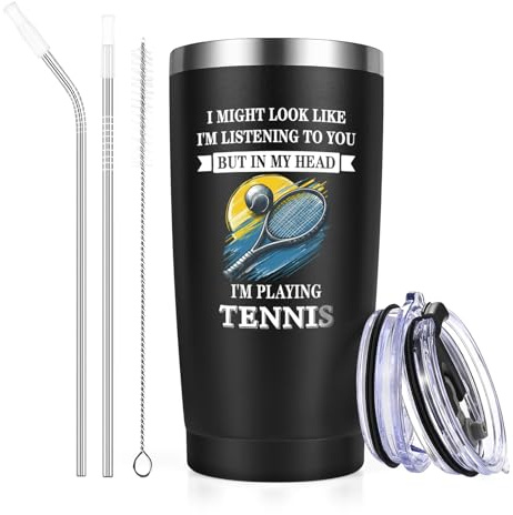 Livole Funny Tennis Gifts for Men, Boys, Women, Sports Lover, Christmas Gifts for Men, Him, in My Head I'm Playing Tennis, Mens Presents for Birthday Unique, 600ml Wine Tumbler, 20oz Vacuum Glasses