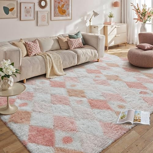 HUGEAR Kariert Flauschig Teppich Wohnzimmer 200x300cm Rosa Weiß Shaggy Carpet