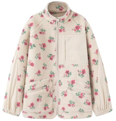 Generisch Teddy Fleecejacke Damen Blumen Winterjacke Damen Warm Gefüttert Übergangsjacke Elegant Stehkragen Teddyjacke Dicke Teddyfleece Wintermantel Mit Reissverschluss Langarm Plüschjacke