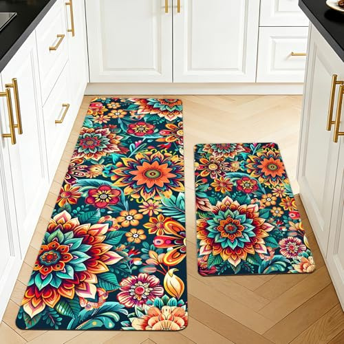 Shaeotek 2 Pieces Colorful Flower Kitchen Floor Mats Rugs, Kitchen Rugs Non Slip for Decoration, Door Mats for Hallway, Dining Room and Entryway 40x70+40x120CM