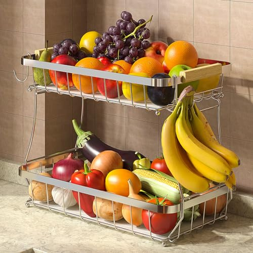 Fournine 2 Tier Fruit Bowl for Kitchien Storage, Silvery, Extra Large | Sturdy Metal Rack for Veg, Onion, Bread, Snacks, Ample Storage for Whole Family, Includes 2 Banana Hangers and Washable Mats