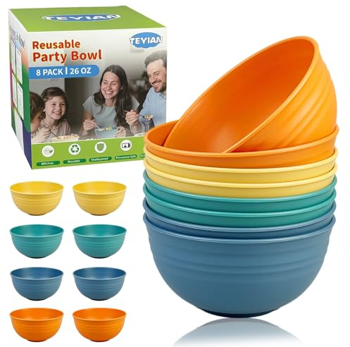 TEYIAN 8Pcs Plastic Bowl Sets 26 OZ Unbreakable Reusable Serving Bowls Cereal Bowls Soup Bowl Microwave and Dishwasher Safe, 4 Colour