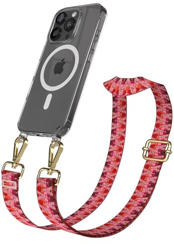 EAZY CASE Handykette - Verstellbares Taschenband kompatibel mit iPhone 16 Pro, Schulterriemen, Handykordel mit Silikon Hülle, Qi Charging kompatibel, Umhängetasche, Beere Gold