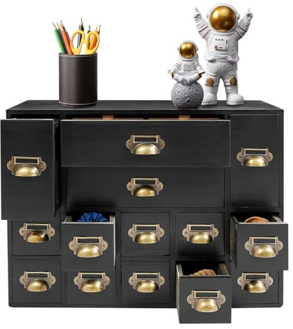 MEHOOSPVN Apothekerschrank mit Schubladen 14 Vintage Apotheker Schubladen Desktop Organizer für Zuhause & Büro Hölzerner Tischplatten Bibliothekskartei Katalogschrank Aufbewahrung für Schmuck, Schwarz