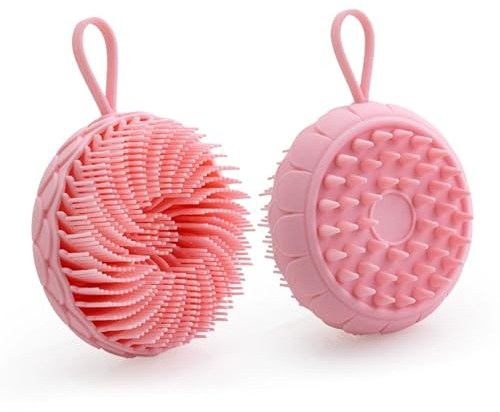 XCSJ Brosse pour le corps en silicone pour le nettoyage de la peau et des cheveux, avec poils longs et picots plus durs, douche de bain 2 en 1 et brosse de shampoing, pour exfolier et masser, rose