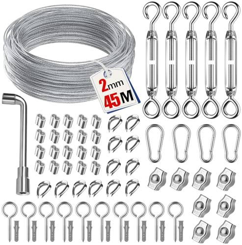 45M 71 Pcs Drahtseil Edelstahl Set,Stahlseil für Kletterpflanzen Rankhilfe | Langlebiges ummanteltes Edelstahlseil, Mit Drahtseilklemme, für Zäune und DIY-Projekte, Wäscheleine, Lichter Hängen, Deko