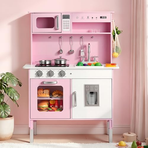 VEVOR Play Kitchen for Kids, Wooden Kids Kitchen Playset with Real Lights & Sounds, Food & Cookware, Pretend Play Toy Set, Microwave, Oven, Clicking Knobs, for Toddlers, Girls & Boys Ages 3-8, Pink