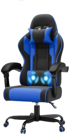 JUMMICO Chaise Gaming avec Massage Lombaire, Chaise Bureau Ergonomique avec Dossier Inclinable, Fauteuil Gaming avec Assise Douce et Résistante, Idéale pour Jeux et Boulot, Bleu Mat