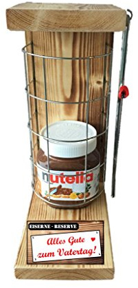 Vatertagsgeschenk für Papa - Vatertag Geschenk - Nutella Glas - Eiserne Reserve Gitter incl. Säge - Geschenke Set für Männer Frauen - Text rot: Alles Gute zum Vatertag