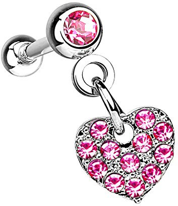 Piersando Tragus Helix Ohr Piercing Cartilage Knorpel Stab Stecker 316 L Chirurgenstahl Herz Anhänger mit Strass Kristall Stein Silber Pink