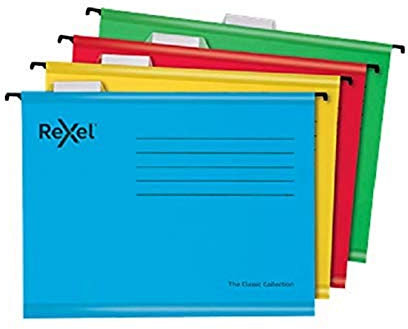 Rexel Classic A4 Reinforced Suspension Files for Filing Cabinets, 15 mm V base, 100 Percent Recycled Card, Assorted Colours, Pack of 10, 2115585