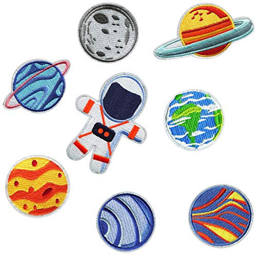 Planeten Aufnäher zum Aufbügeln für Kinder – 8 Aufnäher zum Aufnähen für Kleidung, Weltraum, Astronaut, Weltraum, bestickte Motive aus Stoff, zum Aufbügeln, runde Etiketten, personalisiertes Geschenk