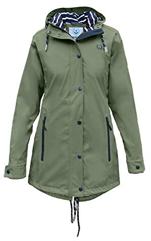 MADSea Damen Regenmantel Friesennerz 620 | halblanger wasserdichter Regenparka | winddicht mit maritimen, weiß/blauen Innenfutter, Oliv, Größe:36