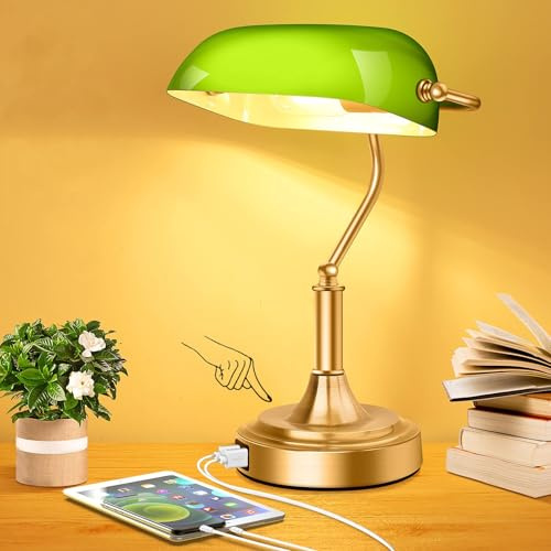Bankers Lamp with 2 USB Ports, Touch Control Green Glass Desk Lamp with Brass Base, 3-Way Dimmable Vintage Desk Lamp for Home Office Workplace Nightstand Bedroom Library Piano, LED Bulb Included
