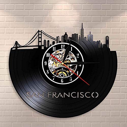 ELD San Francisco Skyline Wall Art Usa SF Cityscape Wanduhr Uhr Golden Gate Bridge Vintage Schallplatte Uhr Reise Wahrzeichen Durchmesser 30cm 7 Farben Veränderbare Wand Schallplatte Kunstuhren