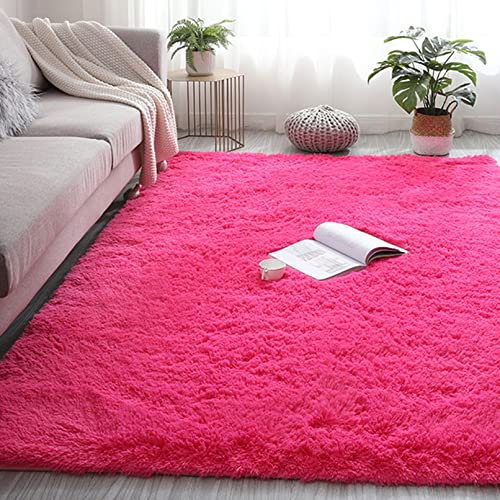 Moelleux 40x80cm Shaggy Tapis Tapis Antidérapant Tapis Moderne Peau de Mouton Synthétique pour Le Salon de Chaise Canapé Couloir, Rose Rouge