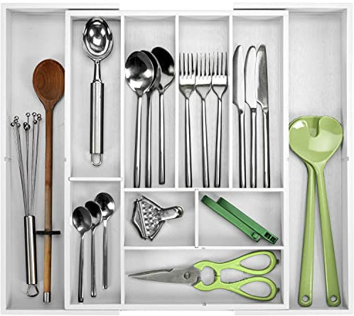 Besteckkasten für Schubladen aus hochwertigem Bambus - Besteckeinsatz mit 5 herausnehmbaren Teilern [6 bis 13 Fächer] - Schubladeneinsatz mit Anti-Rutsch Noppen und Länge von 34 bis 50 cm (Weiß)