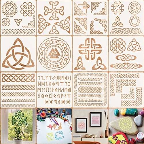 12 Pcs Wiederverwendbar Schablonen Vintage Wikinger Schablonen Symbole Schablone Knoten Schablonen Mandala Vorlagen Wand Schablone für Scrapbooking Kunsthandwerk Zeichnung DIY Möbel Heimdekoration