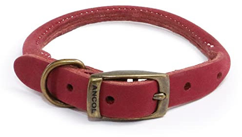 Ancol Timberwolf Round Leather Dog Collar in Raspberry - Top Grain Bridle Leather with Nylon Core Durable Pet Training Accessory - 50-59cm Size 7
