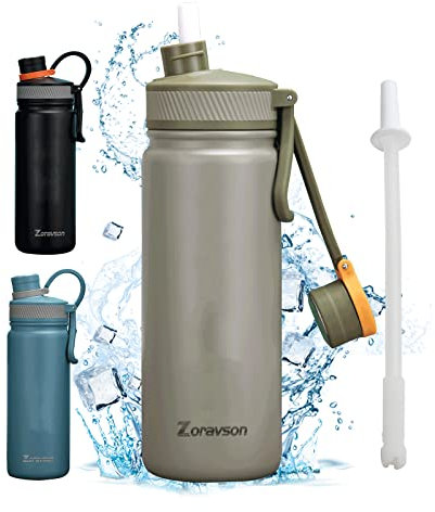 Zoravson Gourde Inox 680ml,Bouteille&Thermos à Double Paroi IsoléE Sous Vide, Avec Pailles En Silicone, éTanche, Sans Bpa, Toucher Givré